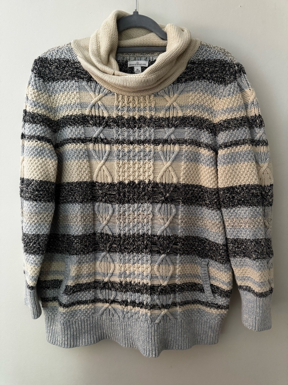 L.L. Bean Cable-Knit Stripe Cowl Neck Sweater with pockets,Beige, Gray & Blue